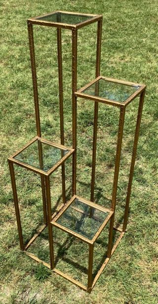 Vtg Mid Century Tier Metal Gold Display Stand Plantstand Plant Glass Regency