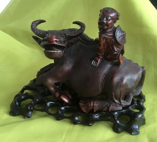 Vintage Chinese Wood Carving Water Buffalo And Boy.
