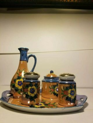 Vintage Lusterware Sugar Creamer Salt Pepper & Tray Floral Gold And Blue Japan