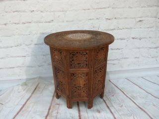 Vintage Anglo - Indian Hand Carved Wood Octagonal Folding Table W Floral Inlay Top
