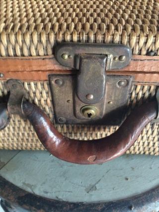 Antique 1900’s Wicker Suitcase With Leather Straps & Handle