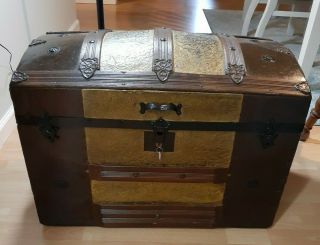 Antique Dome Trunk Chest Steamer Classic Victorian W/ Tray & Key Tin Pressings