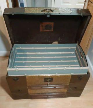 Antique Dome Trunk Chest Steamer Classic Victorian W/ Tray & Key Tin Pressings 2