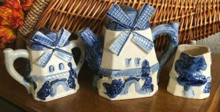 Vintage 3 Pc Set Dutch Blue Windmill Teapot Set W/lids Made In Japan
