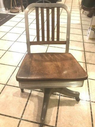 Vintage Shaw Walker Industrial Mid - Century Wood & Metal Swivel Office Chair