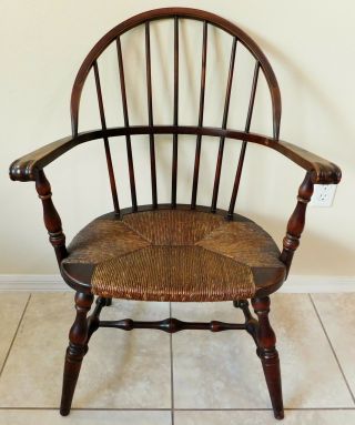 Antique Solid Mahogany Wood Bow Spindle Sack Back Rush Seat Windsor Arm Chair