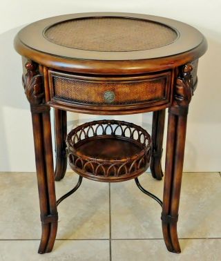 Bamboo Rattan Wicker Weave Leather Wrapped Round Accent Side/end Table W/ Drawer