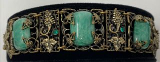 Vintage Art Deco Czech Green Peking Mottled Glass Cabochon Filigree Bracelet