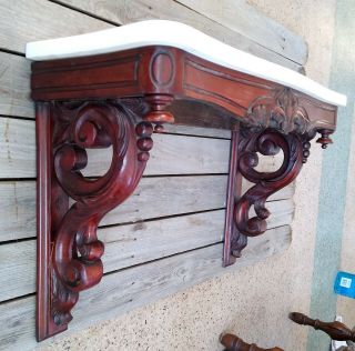 Antique Victorian Marble Top Carved Walnut Pier Console Wall Shelf