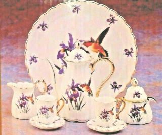 Gorgeous Vintage Humming Bird 10 Piece Miniature Tea Set,  Fine Porcelain Mib