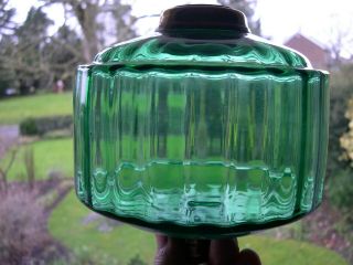 Large Antique Green Glass Optic Patterned Kerosene Oil Lamp Font,  Brass Fittings