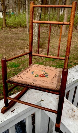 Antique Primitive Wood Folk Country Childs Rocking Chair Rocker Needlepoint Seat
