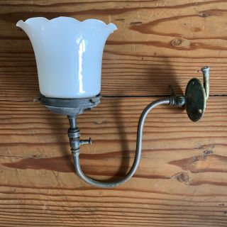 Antique Victorian Brass Gas Wall Light Lamp Bracket White Opaline Shade
