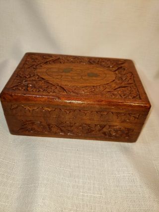 Vintage Wood Trinket Box With Carved Flowers & Brass Inlaid Flowers Indian India