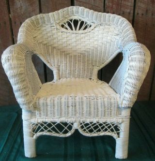 Vintage White Wicker Rattan Over Bamboo Child Chair Shabby Chic Mcm