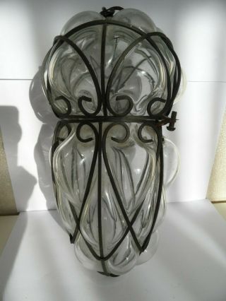 Antique Wrought Iron Hand Blown Bubble Glass Caged Lantern Lamp - Seguso Murano?