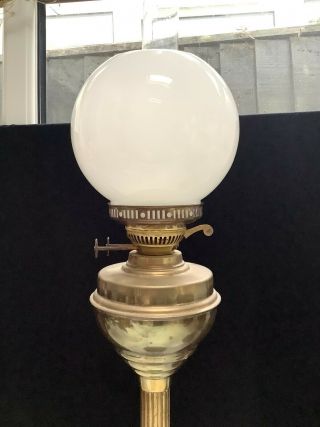 Tall Victorian Duplex Brass Corinthian Oil Lamp With Opal Milk Glass Globe