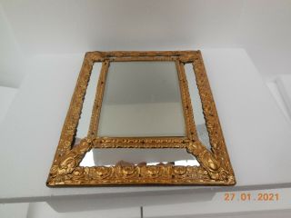 Antique Bevelled Cushion Mirror Guilt Metal On Wood 38 By 33 Cm
