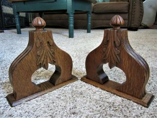 Pair 1800s Tiger Oak Carved Furniture Cabinet Finials Fluted Victorian Corbels