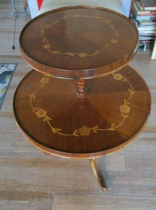 Antique Inlaid Daisy Flowers Mahogany Two Tier Pie Crust Side Table Dumbwaiter
