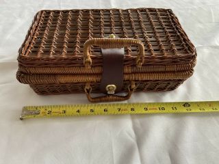 Small Wicker Basket With Lid And Handles Leather Strap Clasp 12x6x4 In Kw