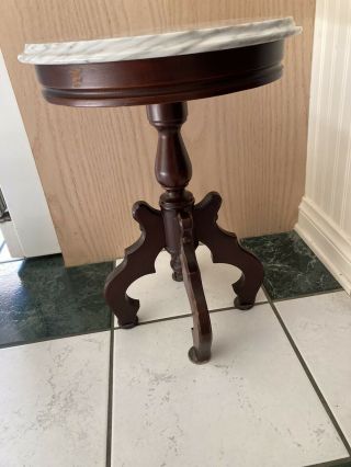 Vintage Round Italian Commar Marble Top Plant Stand Table Walnut