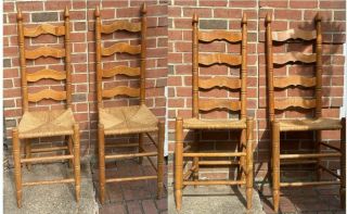 Antique Vintage Ladder Back Chair With Rush Seat (set Of 4) Natural Wood