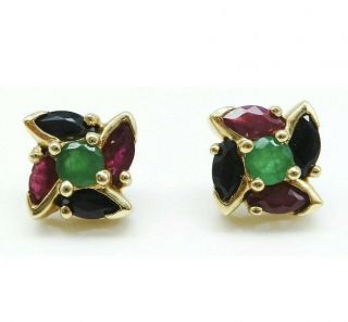 Vintage 14k Yellow Gold Ruby Emerald & Blue Sapphire Cluster Earrings