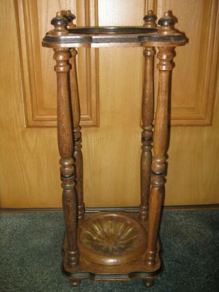 Antique Vintage Wooden Oak Umbrella Cane Stand Holder With Brass Drip Pan