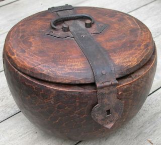 Antique Chinese Carved Round Wooden Lock Box Iron Strap Rivet Hardware 7h X 9d "