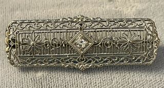Antique Art Deco Filigree 14k White Gold And Diamond Brooch Pin