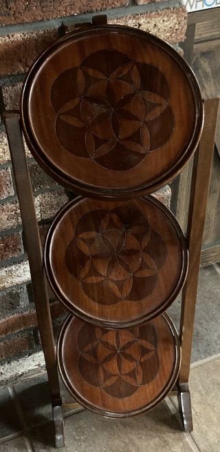 Vintage 3 - Tier Solid Wood Inlaid Folding Table Pie Stand Patina Plant Muffin