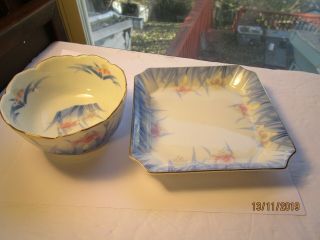 Vintage Pink & Blue Iris Flowers Candy Dish & Nut Bowl Porcelain China