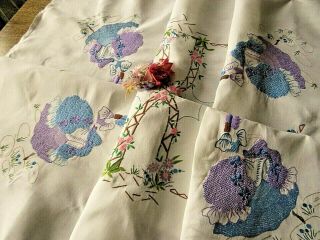 Vintage Hand Embroidered Tablecloth/beautiful Crinoline Ladies