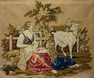 Mid/late 19th Century Wool Work Of A Mother & Child With Their Goat & Kid C.  1870
