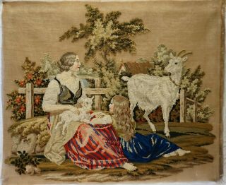 MID/LATE 19TH CENTURY WOOL WORK OF A MOTHER & CHILD WITH THEIR GOAT & KID C.  1870 2