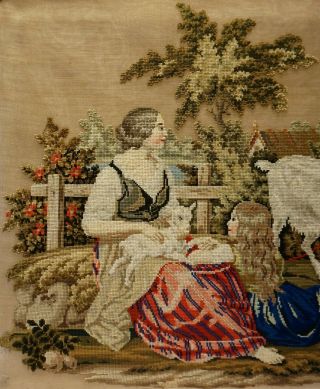 MID/LATE 19TH CENTURY WOOL WORK OF A MOTHER & CHILD WITH THEIR GOAT & KID C.  1870 3