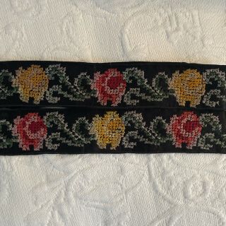 Antique 19th Century (c.  1880) French Hand Embroidered Silk Rose Ribbon