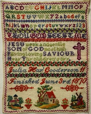 Mid/late 19th Century Motif & Verse Sampler By Julia H Gooderson Aged 11 - 1870