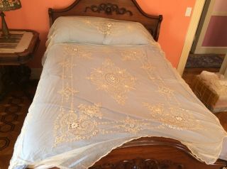 Antique Vintage Twin Fine Tambour Net Lace Embroidered Bedspread Floral White