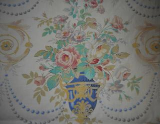 Antique French Shabby Cottage Roses Floral Urn Cotton Fabric Pink Aqua Blue