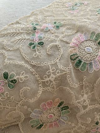 French Antique Tambour Lace Runner 1900’s Pastel Embroidery Scalloped