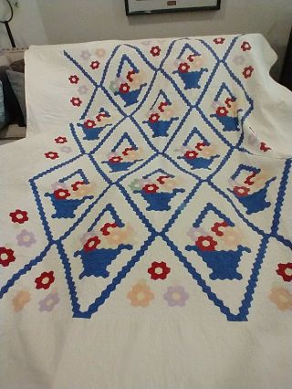 Antique 1920s Hand Stitched & Quilted Flower Basket King Quilt Patriotic Colors