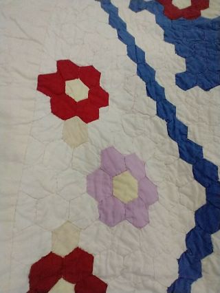 Antique 1920s Hand Stitched & Quilted Flower Basket King Quilt Patriotic Colors 2