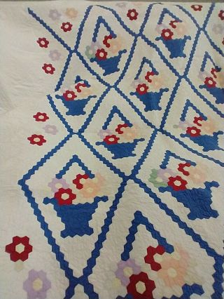 Antique 1920s Hand Stitched & Quilted Flower Basket King Quilt Patriotic Colors 3