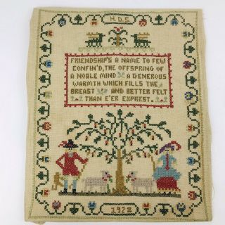 10 - 1/4 X 12 - 1/4” Antique 1928 Cross Stitch Sampler Friendship Signed Dated Hds