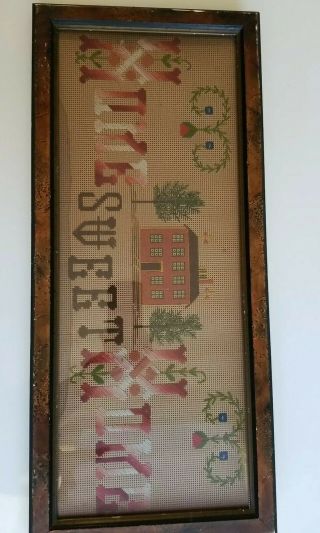 Antique Victorian Punch Punched Paper " Home Sweet Home ” Motto Sampler Framed
