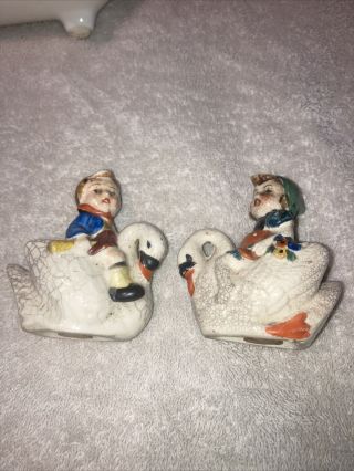 Antique Little Boy And Girl Riding Swans Salt And Pepper Shakers
