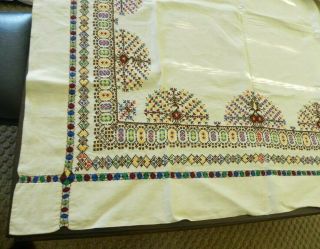 Vintage Cypriot Linen Tablecloth W/ Colorful Hand - Embroidery 84 " X 84 " 8