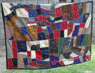 Vtg Victorian Crazy Quilt Sewn Date 1910 Elaborate Embroidery Handsewn 66x80